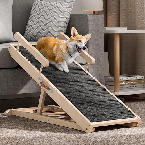 Chuiendi Dog Ramp for Bed, Couch, Car, Folding Pet Ramps 44.48" Long Adjustable 15"-22" Wooden Stairs with High Traction Mat & Safety Side Rails for Small & Medium Old Dogs & Cats, up to 200 lbs - 44.48"L x 15.74"W x 2.16"H