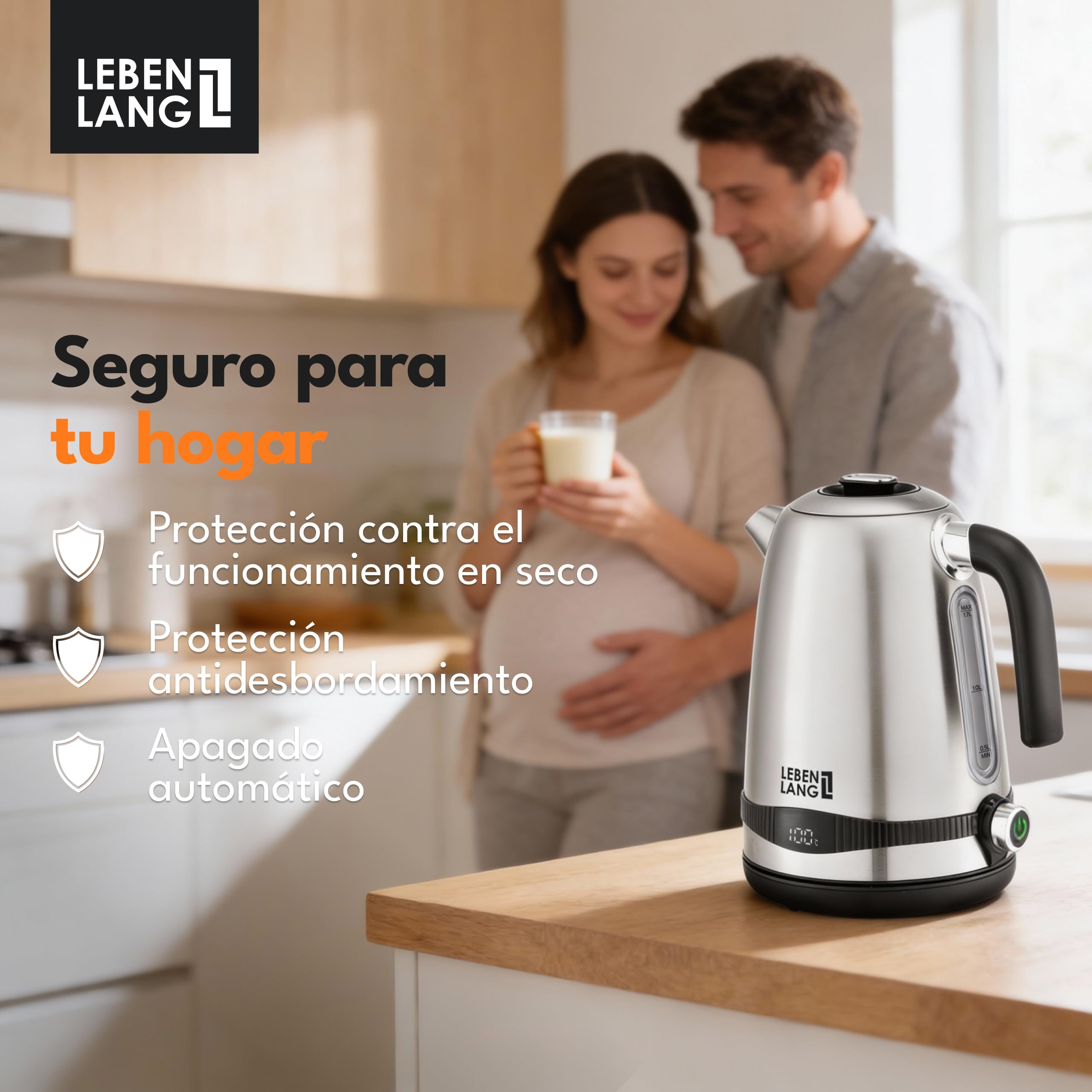LEBENLANG Hervidor de agua de acero inoxidable con ajuste de temperatura - silencioso, con indicación de temperatura y función de mantenimiento del calor - 1,7l y 2200W | Hervidor de agua eléctrico | Silencioso, con indicación de temperatura y función de