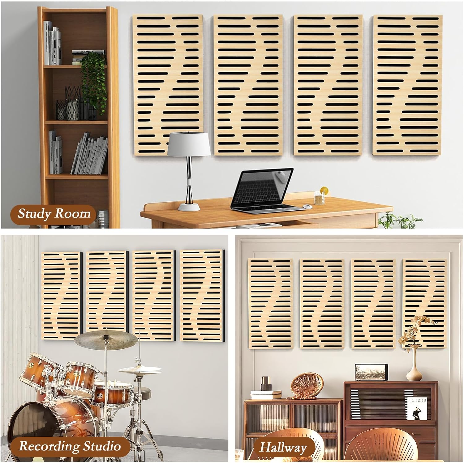 4Pack Acoustic Wall Panel Self-Adhesive Soundproof Foam Panels for Wall, 3D Perforated Tri-Layer Polyester Fiber Decorative Acoustic Insulation for Recording Studio, Office, 24×12×1.78", Regular-Line