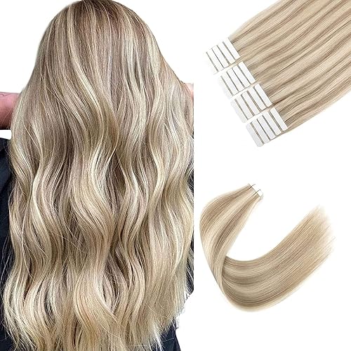 Sixstarhair Extensiones de cabello humano Remy con cinta, color rubio ceniza y castaño ceniza, extensiones de cabello humano Remy con poca luz
