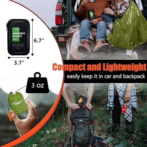 Vista 24 de Frelaxy Paquete de 2/4 mantas de emergencia, extra gruesas, extra grandes, con silbatos, bolsas de almacenamiento y funda de EVA Naranja - Paquete