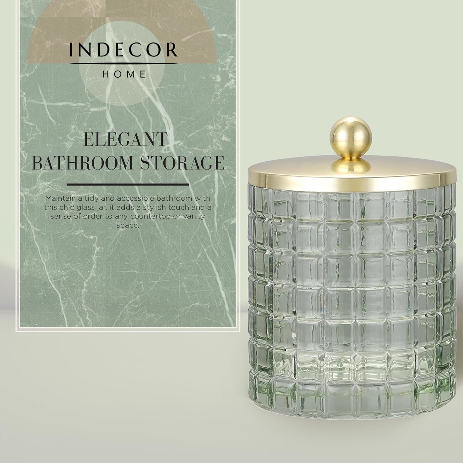 Sage Colored Tranlucent Apothecary Etched Geometric Grid Glass Jar W/Gold Metal Lid Cover for Bathroom Organization, Cotton Balls, Q Tips, and Small Accessories, Bathroom Storage - Image 4
