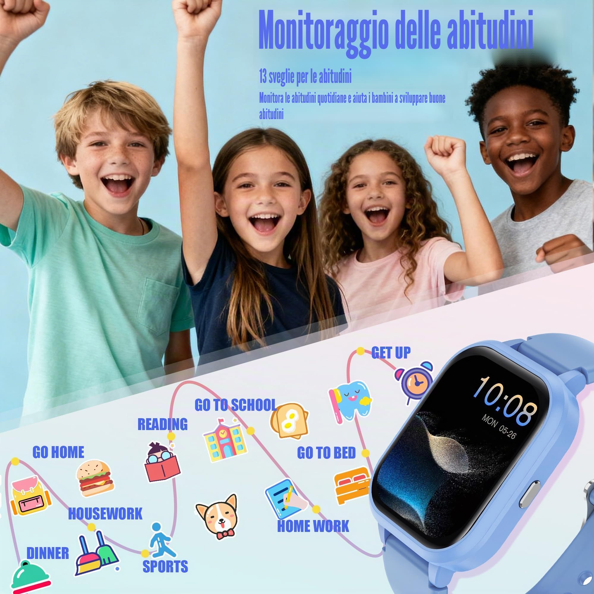 Smart Watch per bambini per ragazzi e ragazze, orologio per ragazze IP68 con oltre 20 modalità sportive, tracker fitness per bambini da 1,8 pollici con cardiofrequenzimetro del sonno, 14 giochi, passo