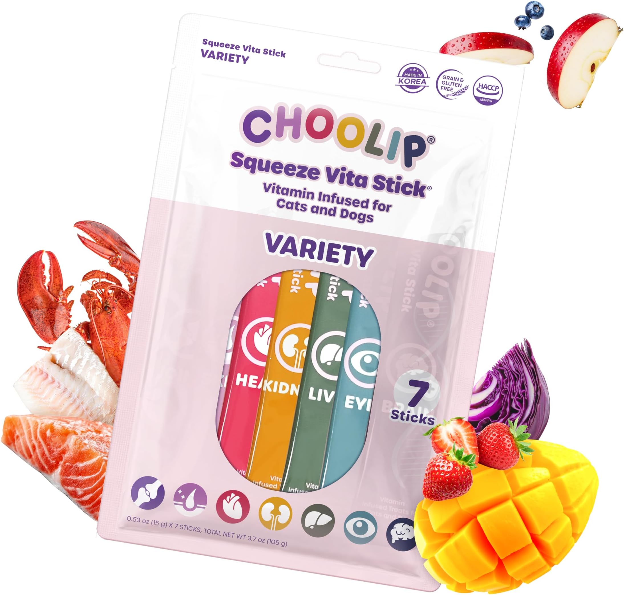 Choolip Squeeze Vita Stick Lickable Cat and Dog Treats - 7-Count Variety Pack - Creamy Puree with Multivitamins for Joints, Skin, Heart, Kidney, Liver, Eyes & Brain - Grain-Free & Vet-Formulated