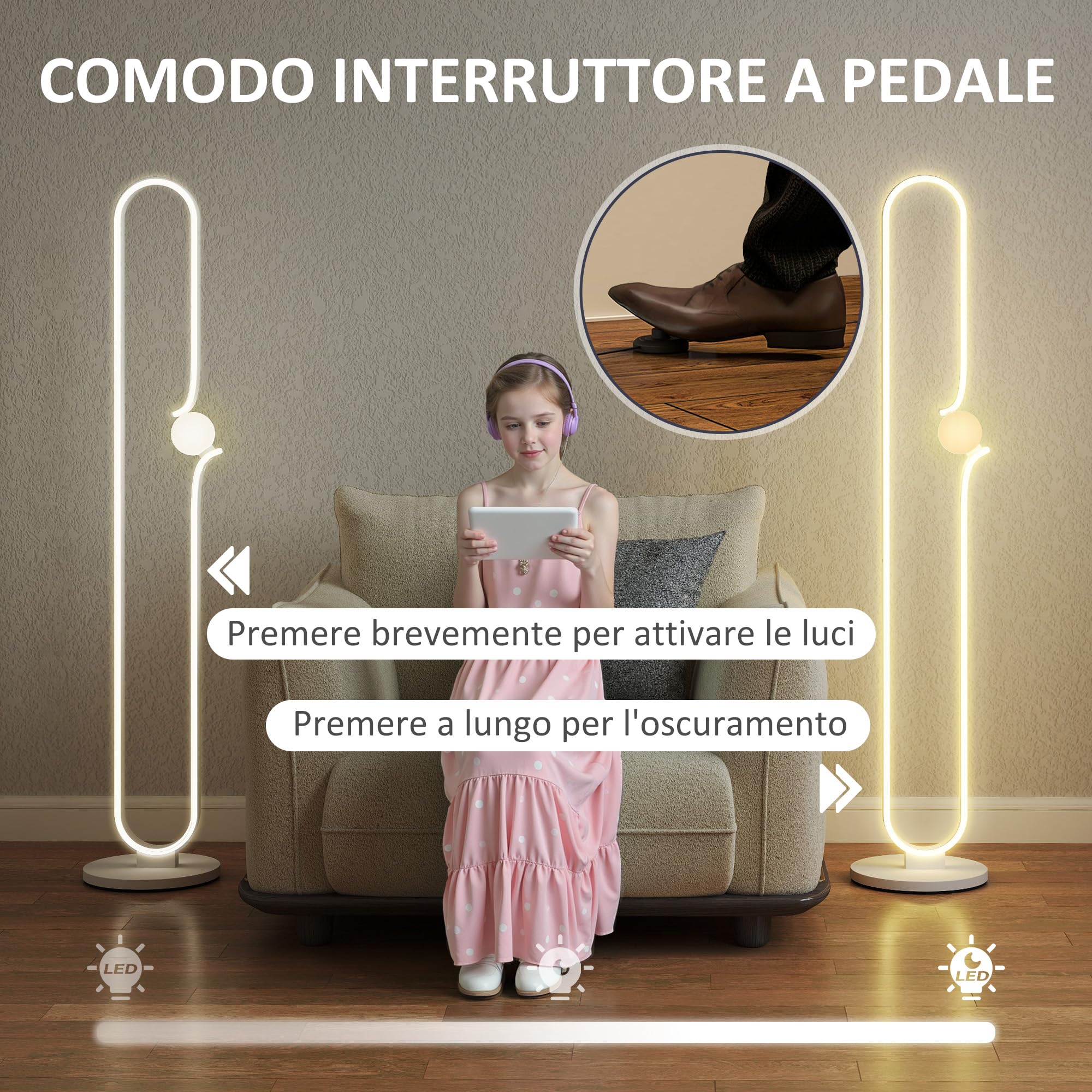 HOMCOM Lampada da Terra a LED forma Nota Musicale con Luminosità Regolabile e Interruttore a Pedale, Lampada da Pavimento in Metallo, Plastica, Vetro, 28x28x145 cm, Bianco