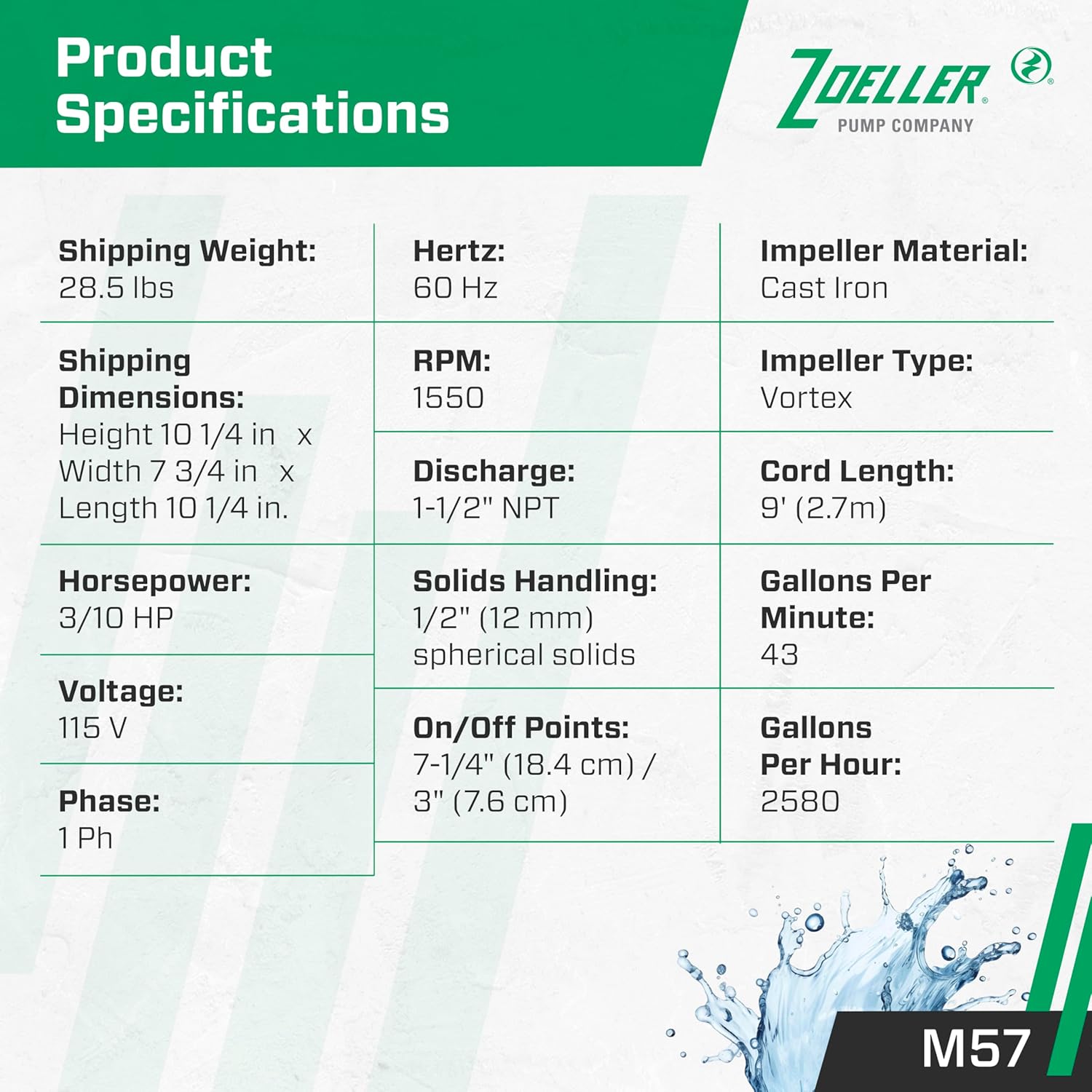 Zoeller M57 Mighty-Mate Submersible Sump Pump - 3/10 HP Cast Iron - 9′ Cord — Vertical Float - 1.5″ Discharge - Factory-Tested - Basement Sump Pump - 115V