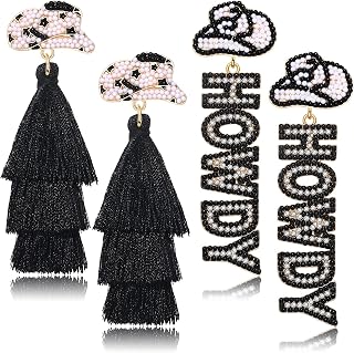 Western Country Earrings for Women Sparkle Rhinestone Bead Cowgirl Let’s Go Girls Boot Earrings Nashville Rodeo Bachelorette Party Bride Cowboy Howdy Dangle Earrings Handmade Boho Black Tassel Star Hat Long Dangling Earrings Country Concert Outfits Accessories for Women Girls