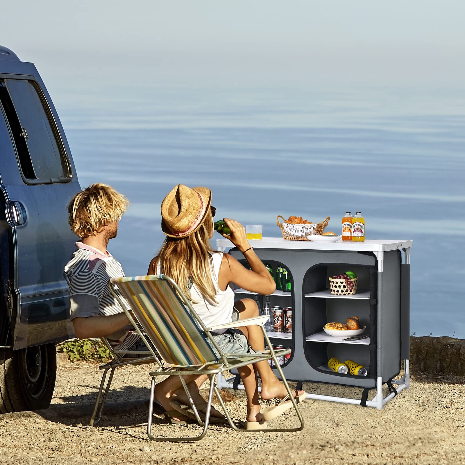KOMFOTTEU Tavolo Pieghevole da Campeggio in Alluminio a 4 Livelli, Tavolo Picnic Richiudibile con Ante in Rete con Cerniera, Borsa per il Trasporto, Cucina da Esterno, Picnic, Barbecue, Festa
