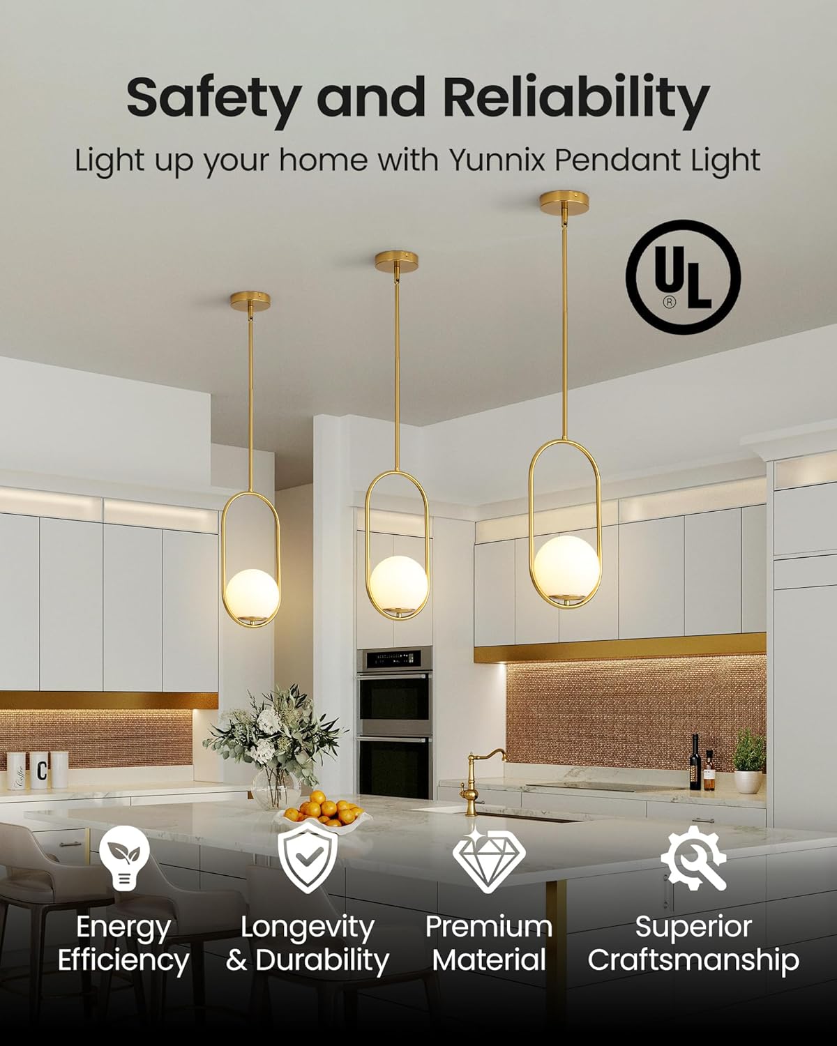 Yunnix Pendant Lights Kitchen Island, Pendant Light Fixtures, Modern Gold Globe Glass Pendant Lighting, Brass Mid Century Chandelier One Light for Bathroom Bedroom Dining Room(Bulb Not Included)