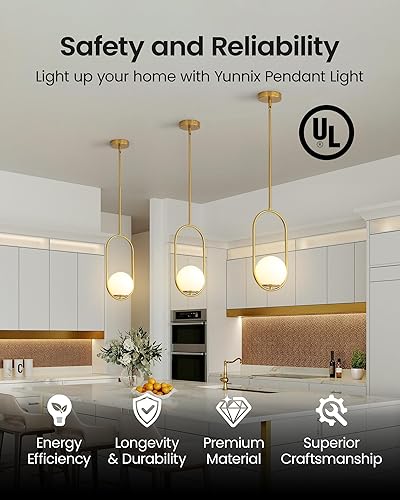 Miniatura 2 de Yunnix Luces colgantes para isla de cocina, lámparas colgantes, moderna iluminación colgante de cristal con globo dorado, candelabro de latón de