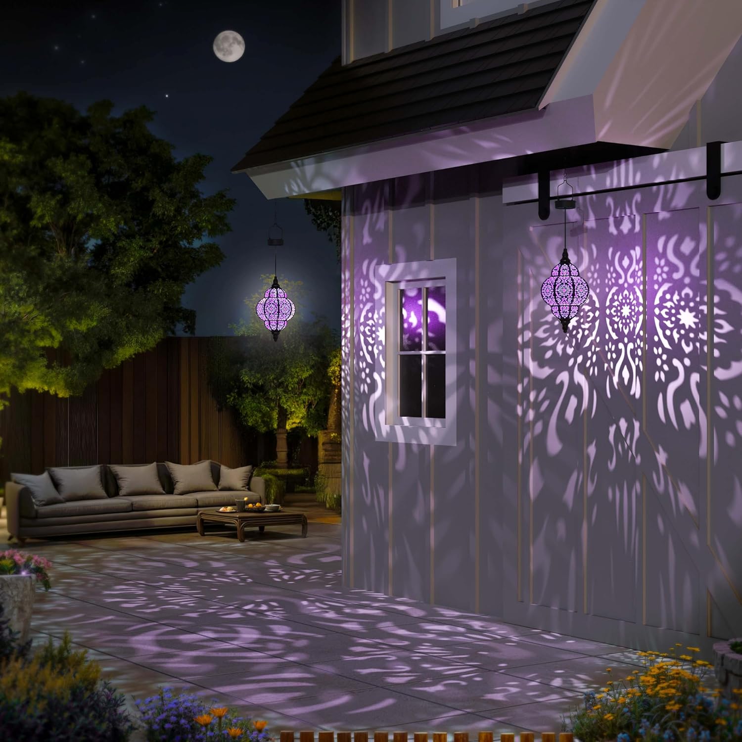 Hanging Solar Lights Outdoor Garden Decor Solar Lantern Waterproof Plastic Moroccan Outdoor Decorations for Patio Pathway Yard Backyard Garden Decorative (1, Purple) - Image 4