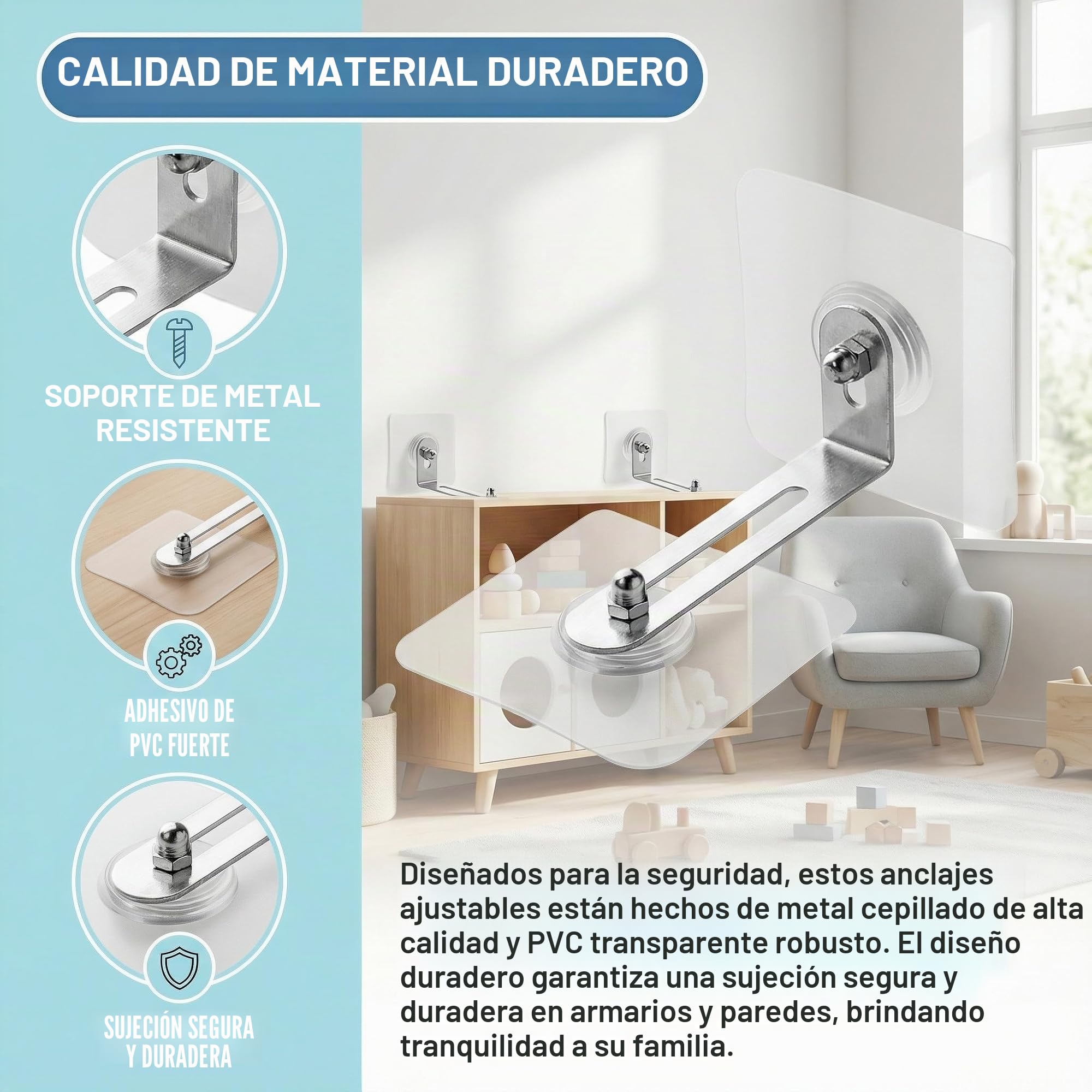 Anclajes Adhesivos de Pared para Muebles, 4 Piezas Antivuelco Muebles Sin Taladro, Correas de Pared para Protección Infantil y Mascotas, Fijación para Mueble, Armarios y Estanterías