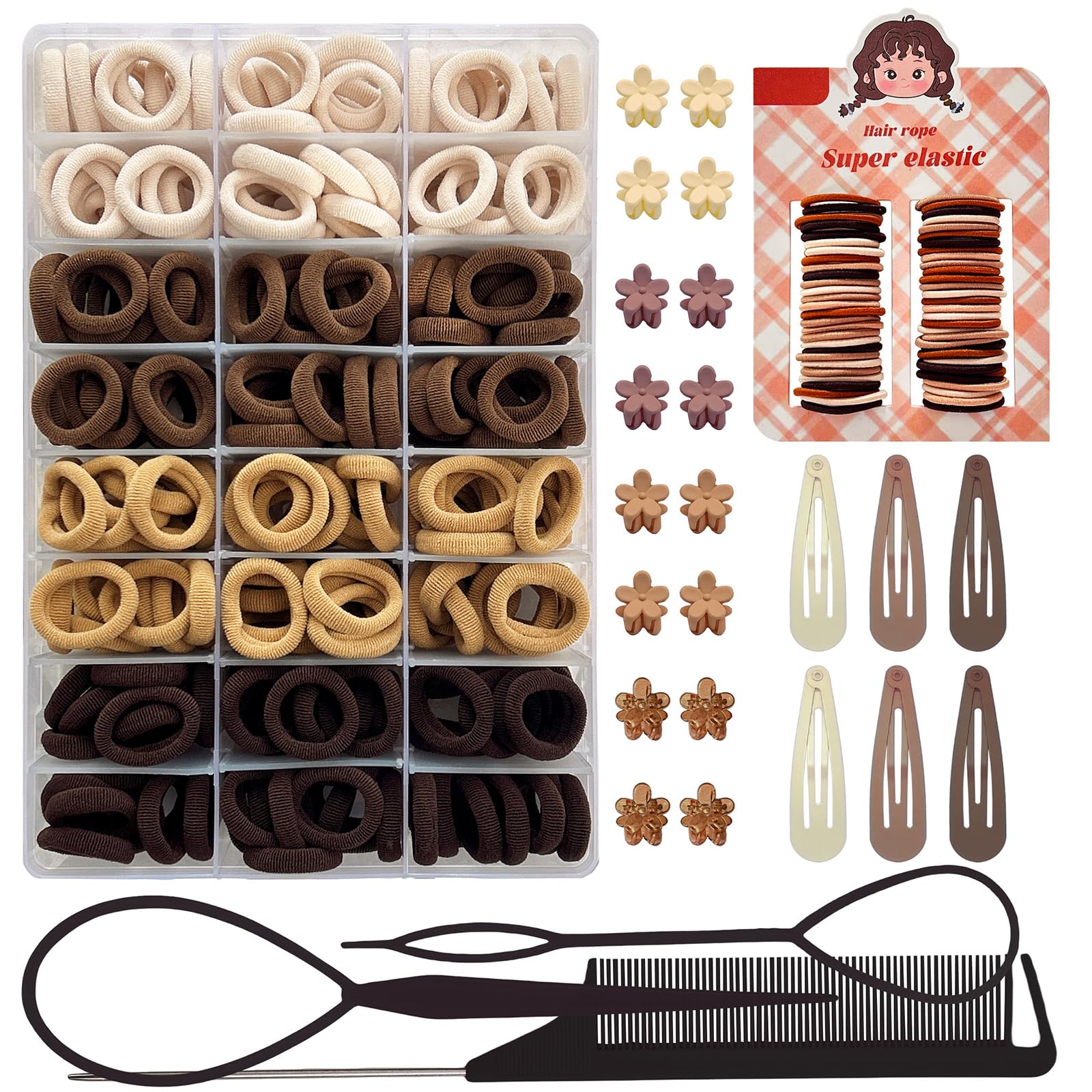 Hair Accessories for Girls, Brown Baby Hair Ties 0.8 Inch Soft Thick Seamless Cotton Hair Bands for Baby Girls Kids with Hair Clips