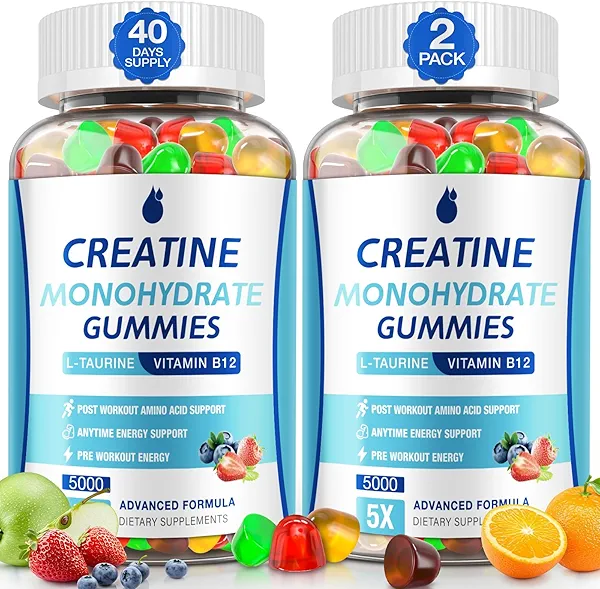 Creatine Gummies for Men & Women - Creatine Monohydrate Gummies 5g, Muscle Builder, Energy Boost & Pre-Workout Supplement, Low Sugar Taurine Chewable Gummy 2 Pack