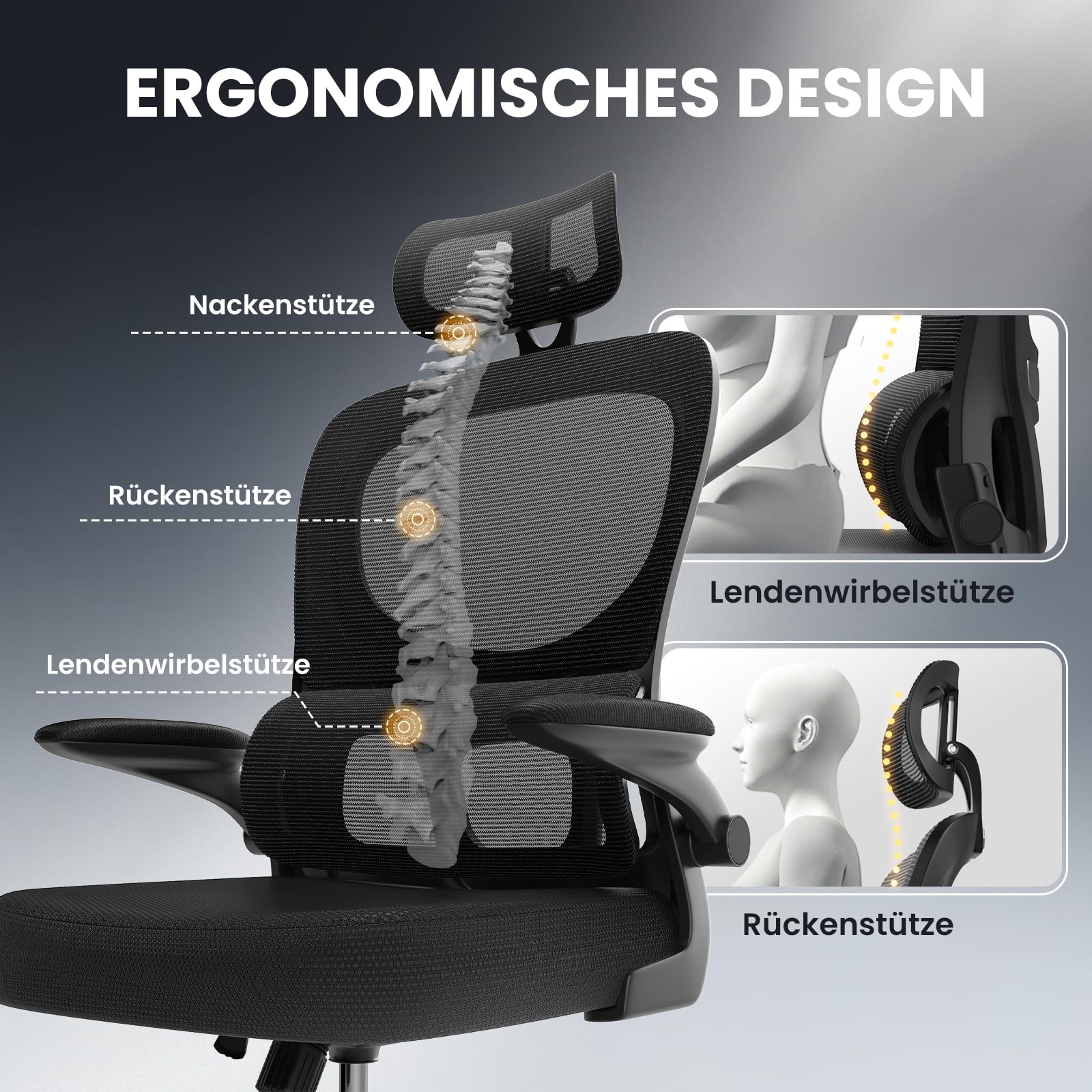 rattantree Ergonomischer Bürostuhl, Schreibtischstuhl mit Verstellbarer Kopfstütze und Armlehnen, C-förmige Lordosenstütze, Drehstuhl mit Rollen für das Home Office, Schwarz