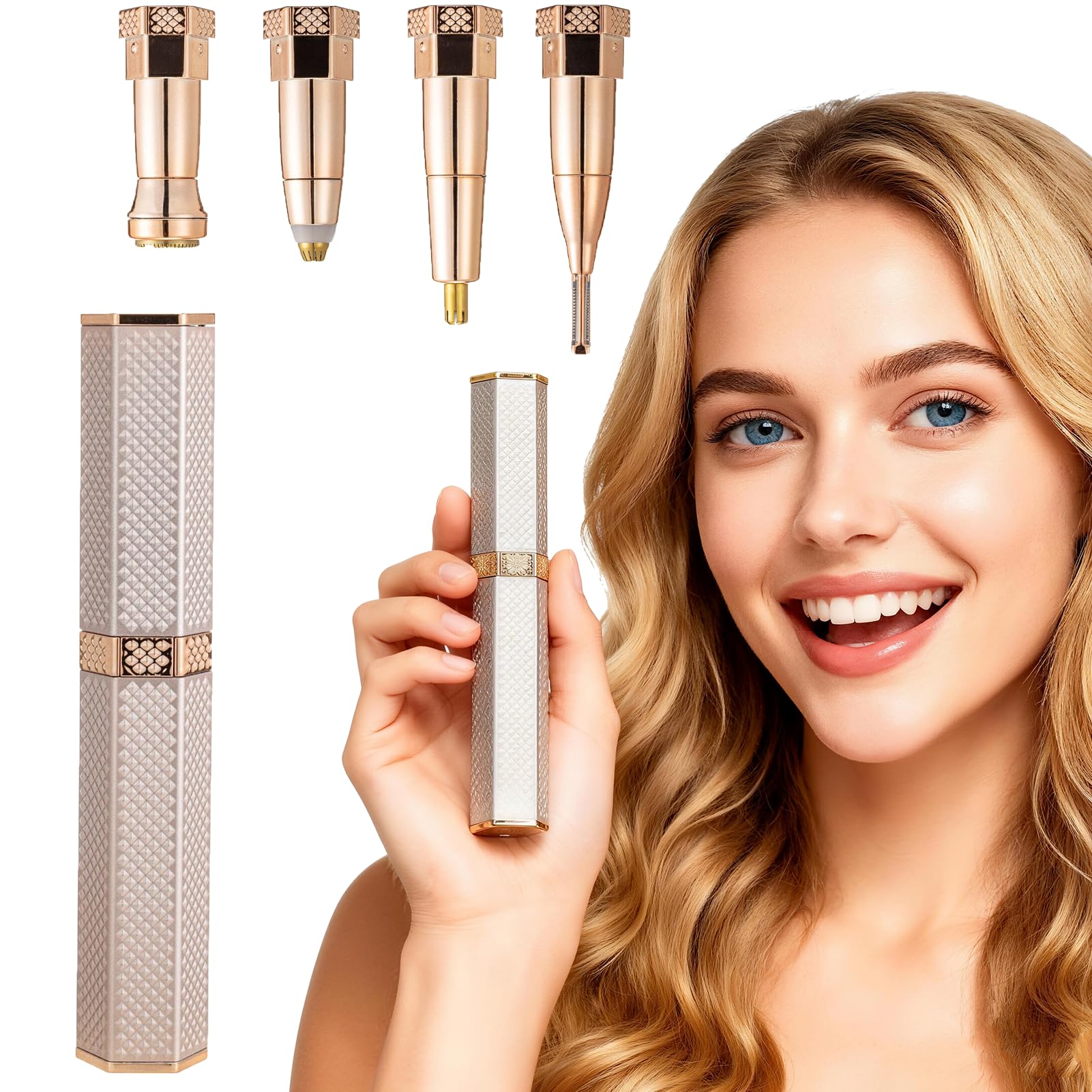 Facial Hair Remover for Women Face, 4 in 1 Electric Eyebrow Trimmer for Nose Neck Leg Arm Armpit Bikini Hair with USB Cable Rose Gold