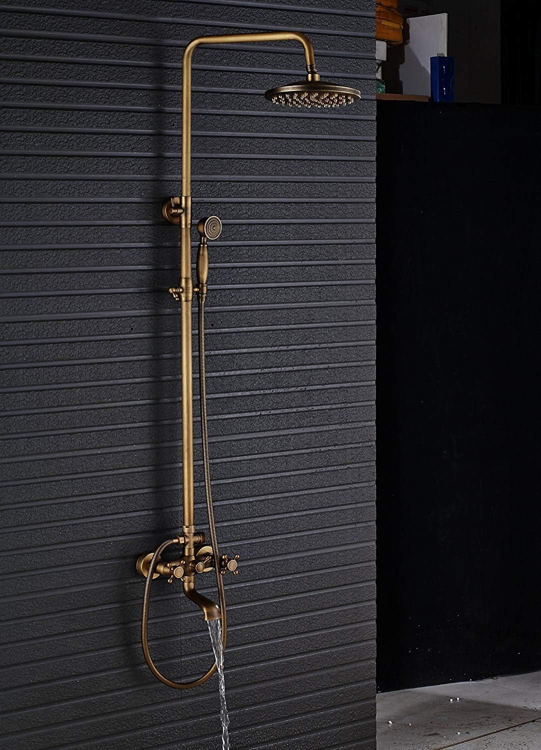 Shower System,Wall Mounted Antique Brass Bathroom Rainfall Shower Tub Faucet Set 8-Inch Top Showerhead + Handheld Spray,Luxury Shower Set