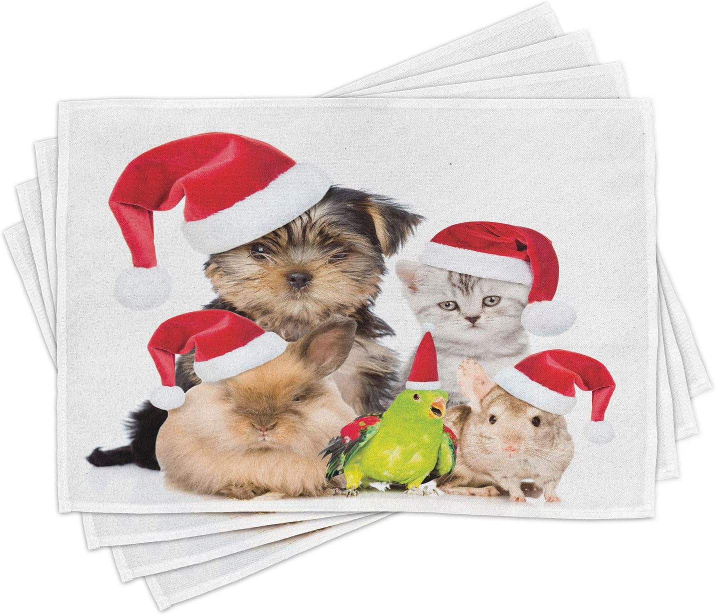 Ambesonne Christmas Place Mats Set of 4, Xmas Crew Cat Dog Bird Mouse and Rabbit Bunny with Santa Hats Grumpy Pets Picture, Washable Fabric Placemats for Dining Table, Standard Size, Red Brown