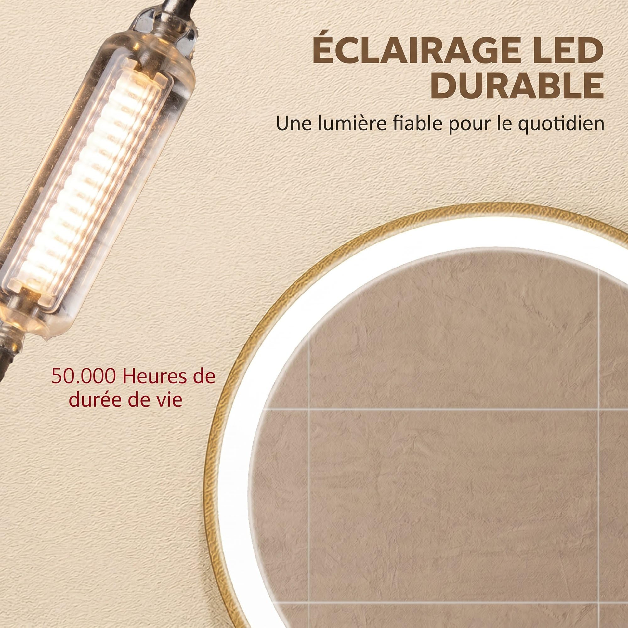 HOMCOM Miroir Salle de Bain avec éclairage LED Rond 40 cm, Miroir Lumineux Mural à 3 températures de Couleur, luminosité réglable, Interrupteur Tactile, doré