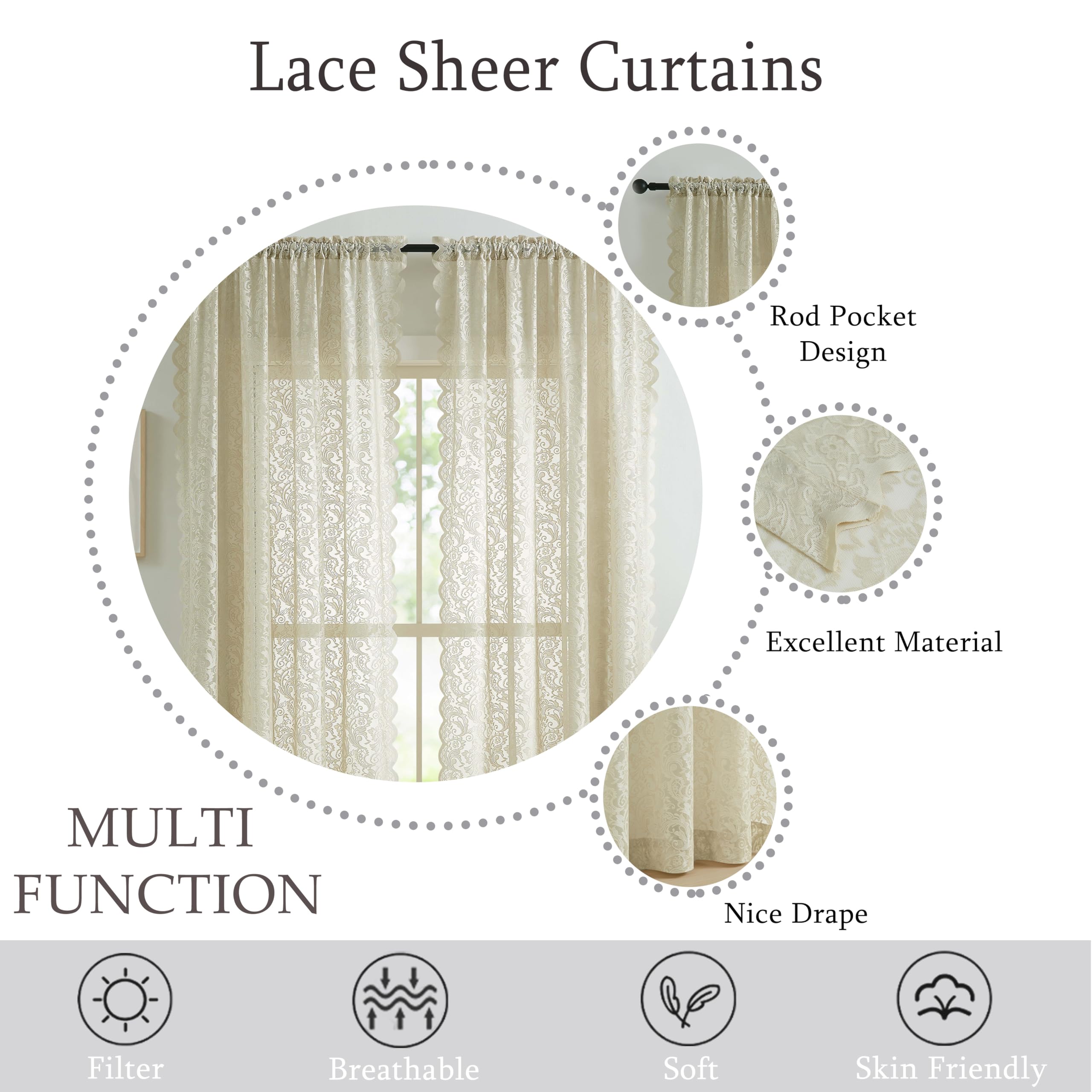 Bujasso Tende In Pizzo Beige 137x137 Cm – 2 Pannelli, Con Tasca Per Asta, Per Cucina E Soggiorno