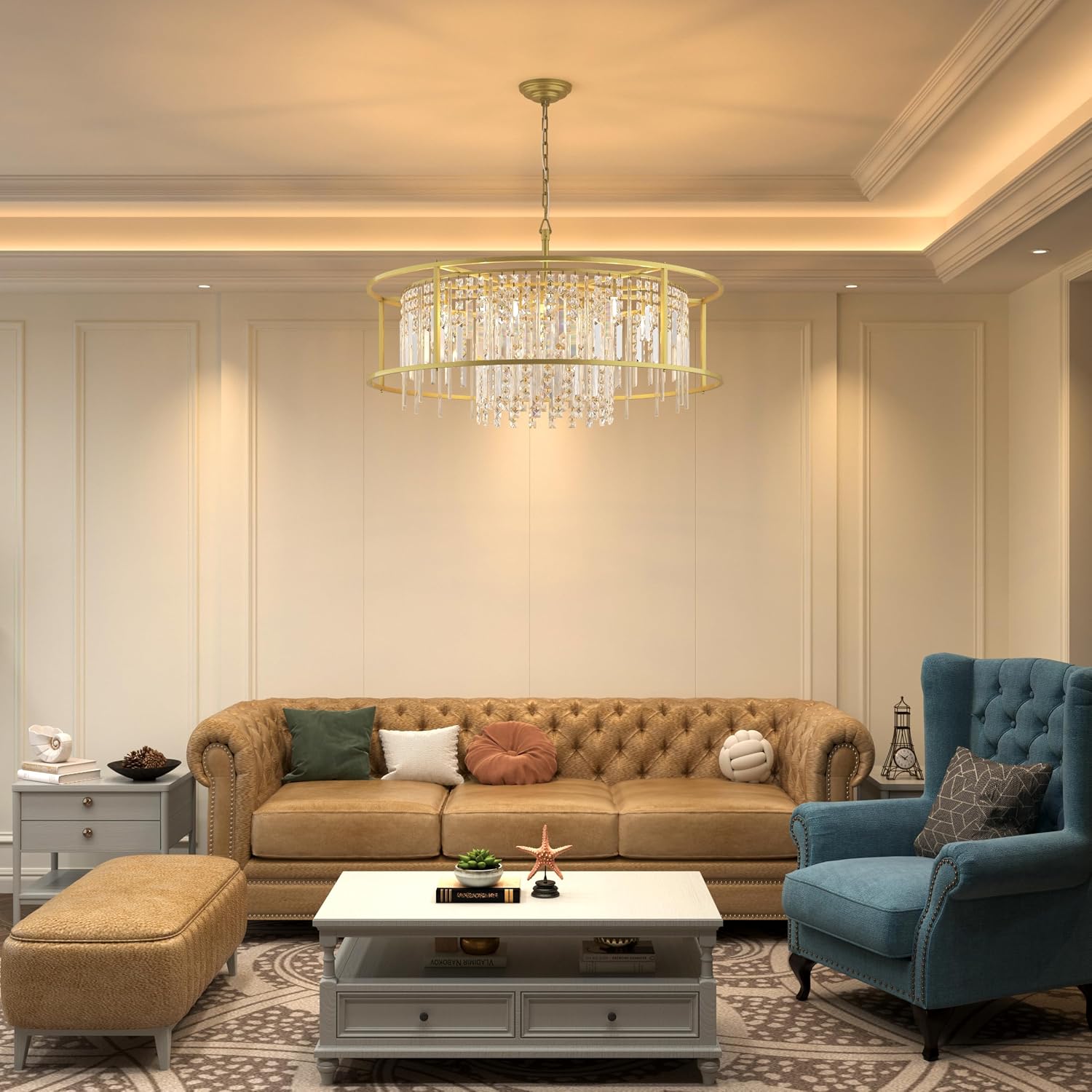 Gold Farmhouse Crystal Chandeliers for Dining Room, 40" Industrial Round Chandeliers Modern Luxury Adjustable Ceiling Pendant Light Fixture for Kitchen Island Dining Living Room Foyer