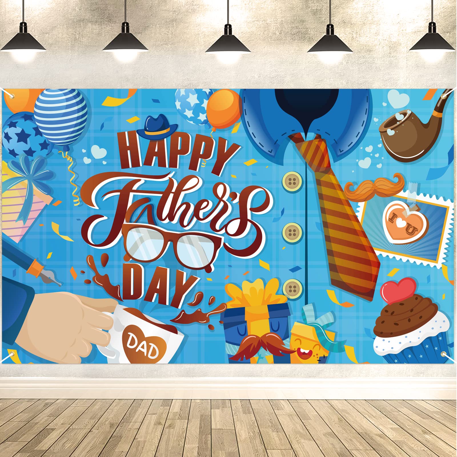 HOWAF Happy Father's Day Banner, Blue Fabric Backdrop with Brown Tie, Star Balloons, 'I Love You Dad' Letter, Coffee, 'HAPPY Father's Day' Sign,