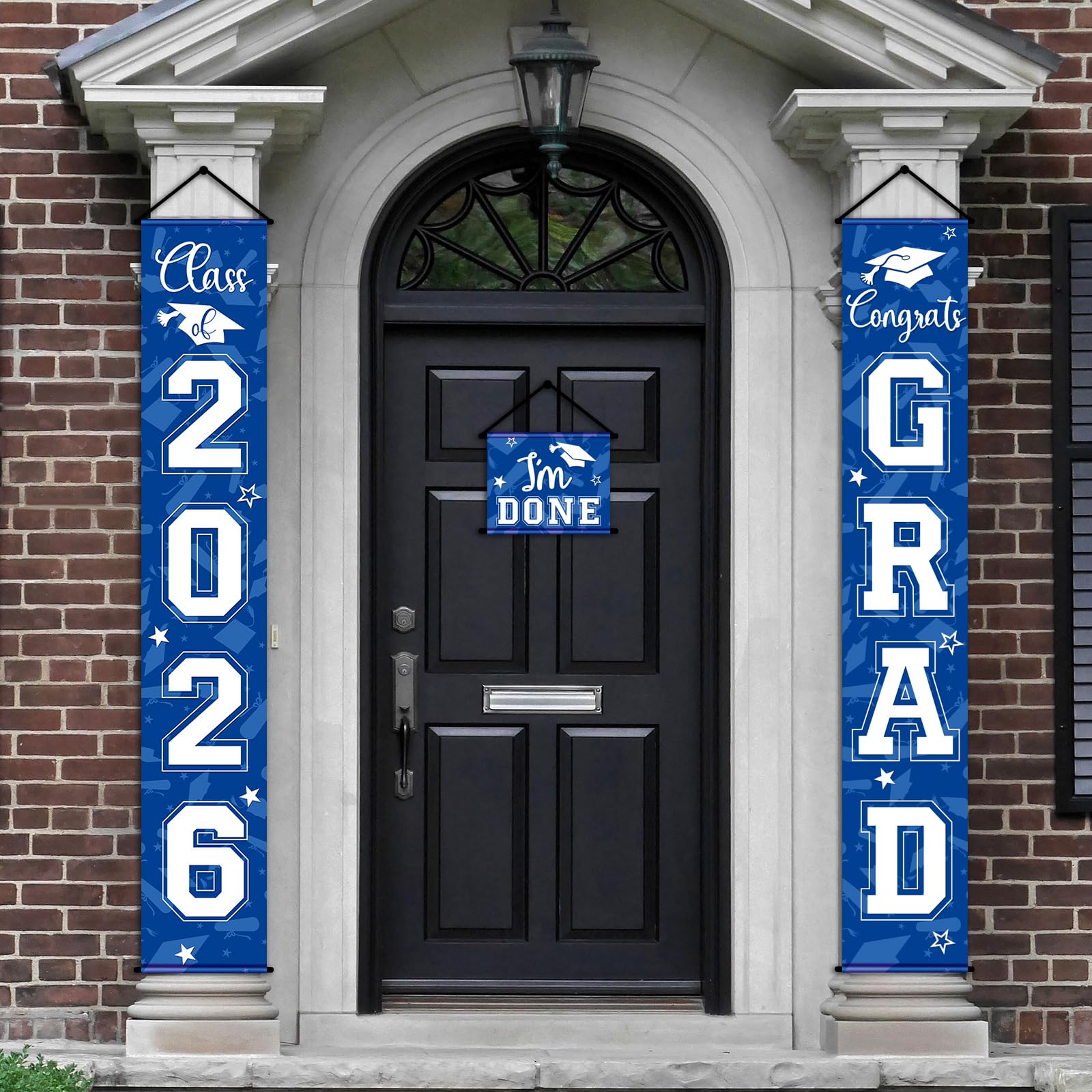 Photo 1 of Moukeren 3 Pieces 2026 Graduation Party Decorations Graduation Porch Sign Class of 2026 Grad Hanging Porch Banner Backdrop Door Sign for Grad Party Home Door Wall Decor(Blue)