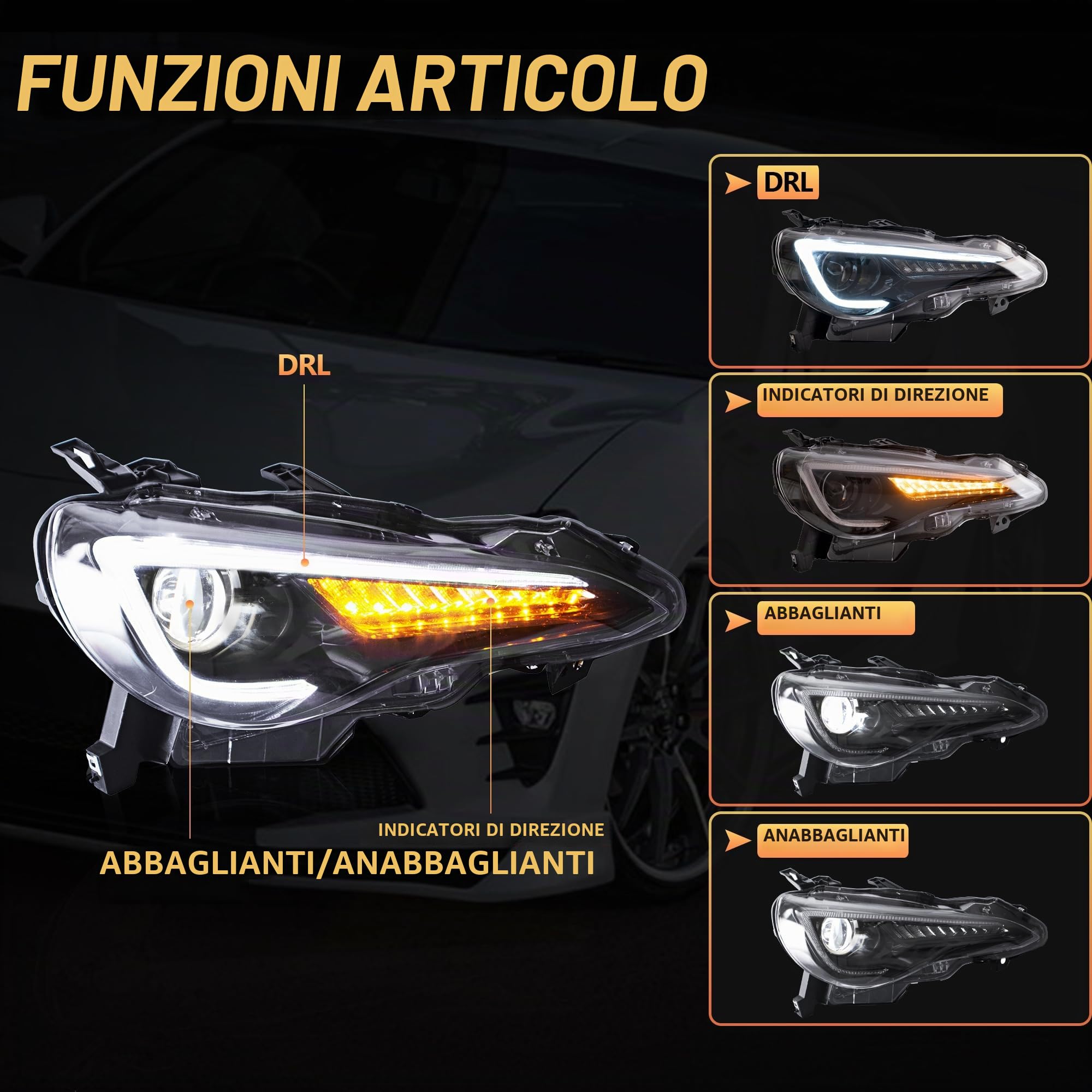 VLAND Faro per GT86 & BRZ 2012-2020, FR-S 2013-2016, con lampeggiante sequenziale (con lampadine d2S LED)