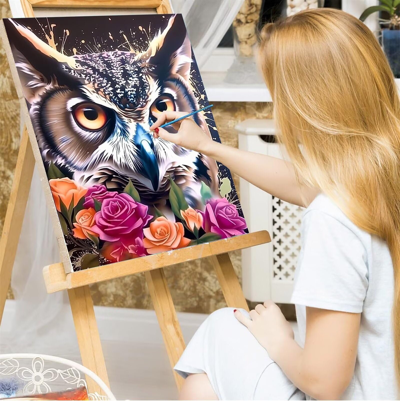 Peepezo Malen nach Zahlen Kinder Eule, Farben Geschenke für Mädchen Junge, Bastelset Kinder, Malen nach Zahlen | Malen nach Zahlen, Bastelset Mädchen 60x80cm (mit Rahmen)
