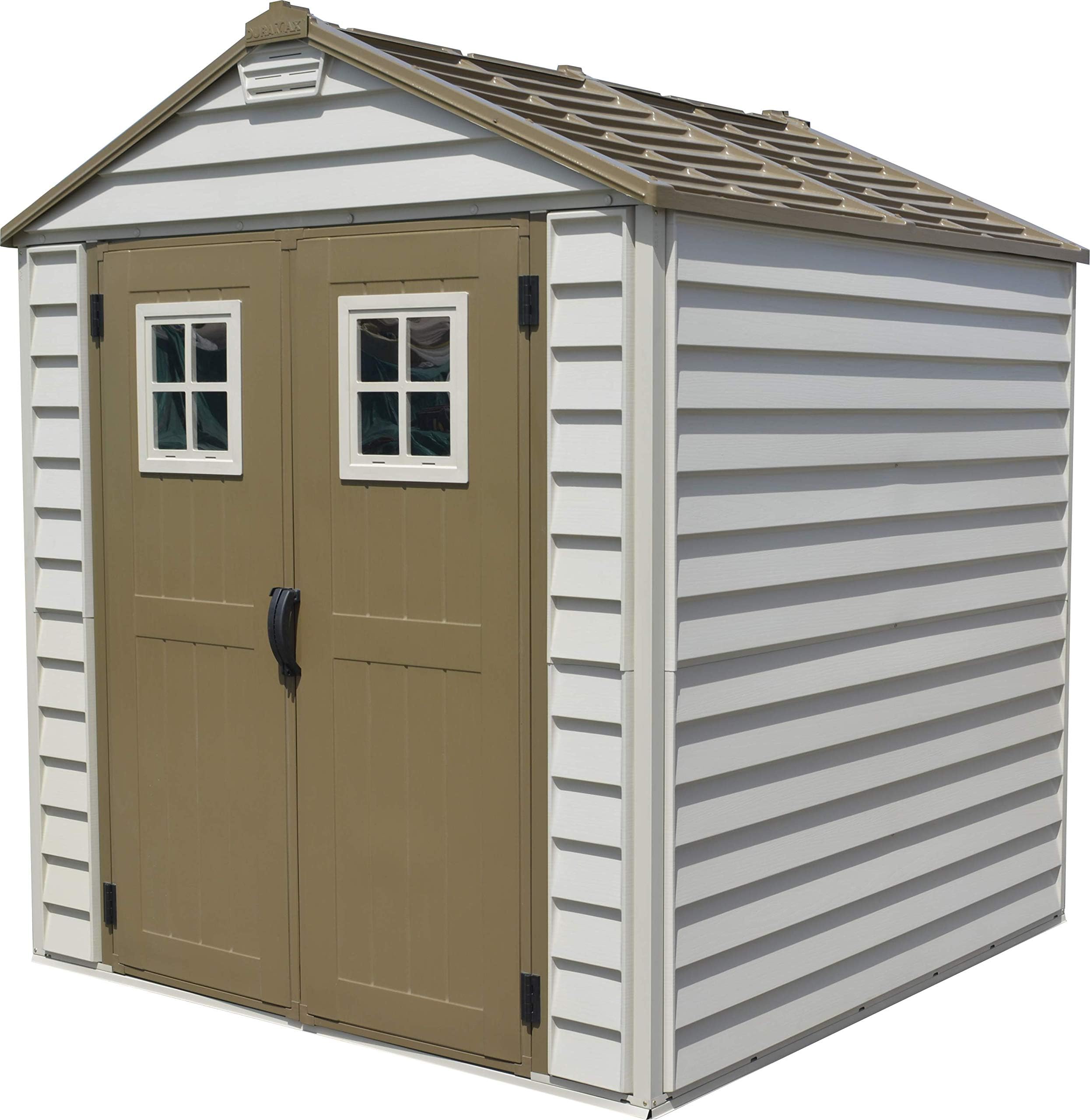 Duramax StoreMax 7’ x 7’ Plastic Outdoor Storage Shed | Adobe & Brown | Easy to Assemble | Strong Metal Roof Structure | Fire Retardant, Wind and Snow Load Tested & Maintenance-Free Garden Shed