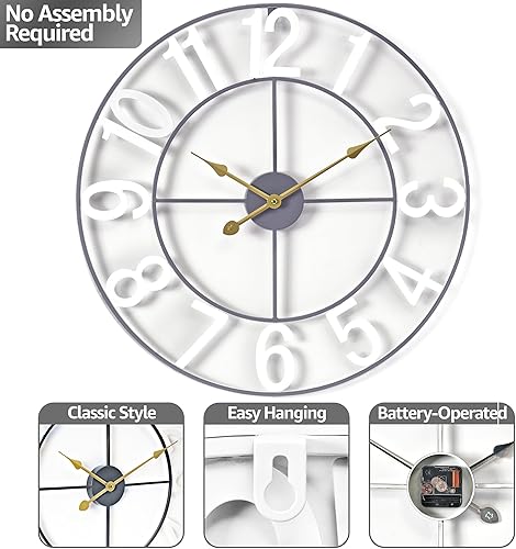 Miniatura 4 de Sorbus Reloj de pared grande de 16 pulgadas, reloj decorativo de metal blanco con manecillas doradas, silencioso, funciona con pilas, decoración de