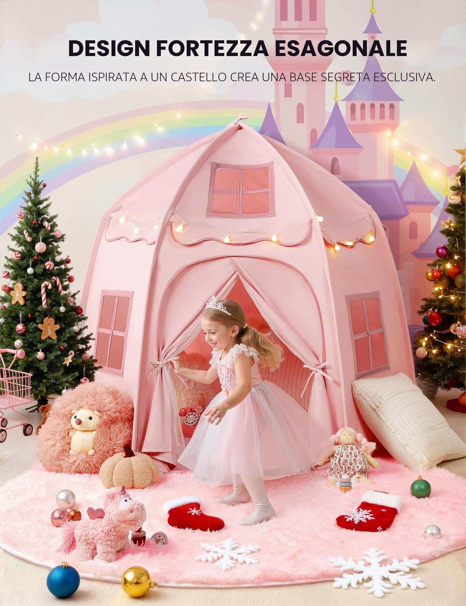 Besrey Tenda per Bambini con Luci – Tenda Gioco per Bambini a Castello per Principesse, Ampio Spazio Interno, Struttura Stabile – Ideale per Tenda Bambini Cameretta e Interni (Rosa)
