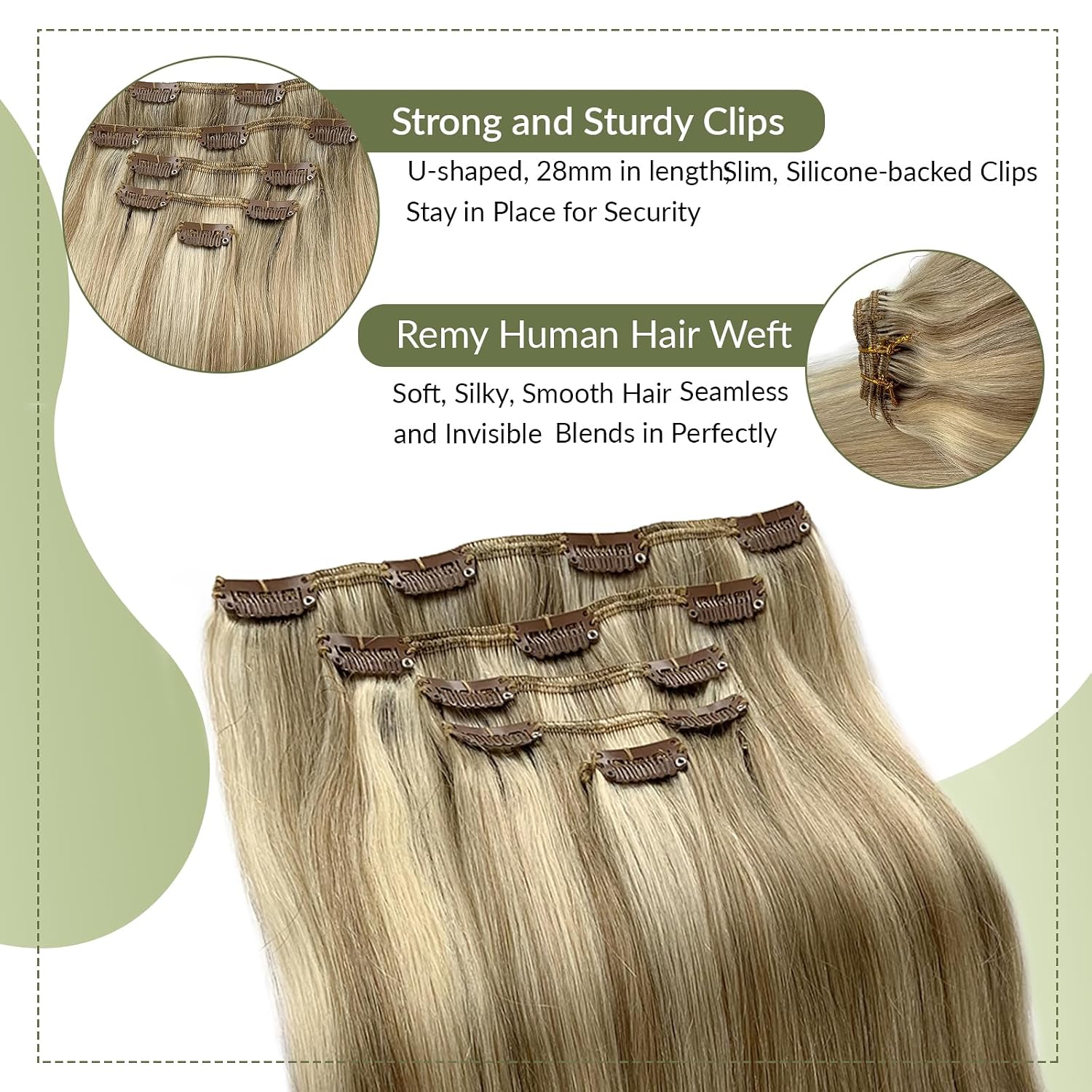 Blonde Clip in Hair Extensions 70G 5PCS Double Weft Platinum HighlightHair Extensions Real Human Hair Beige Blonde and Platinum Balayage Human Hair Extensions Clips ins 20 Inch