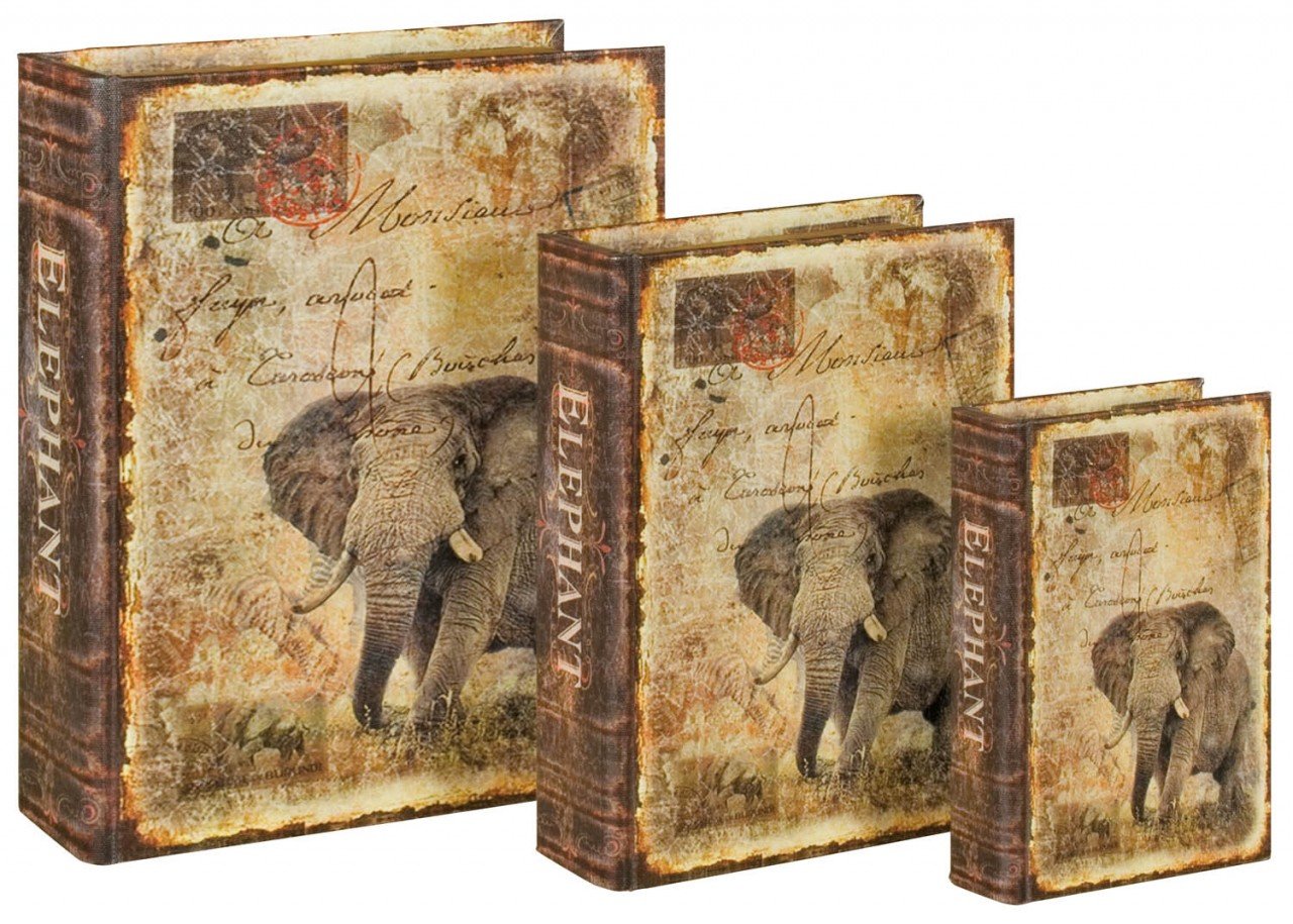 Set of 3 Vintage Style Secret Faux Book Storage Boxes ~ Elephant Safari