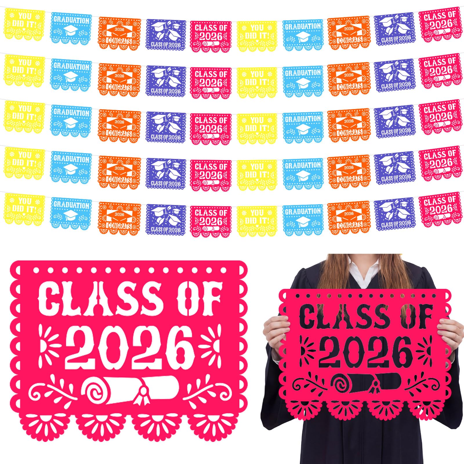 Photo 1 of Weekgrat 50 Pcs/32 ft Large Mexican Graduation Party Decorations 16x12" Papel Picado Banner Class of 2026 Big Graduation Cleito Lindo Decorations Mexico Fiesta Banners Colorful Congrats Grads Garlands