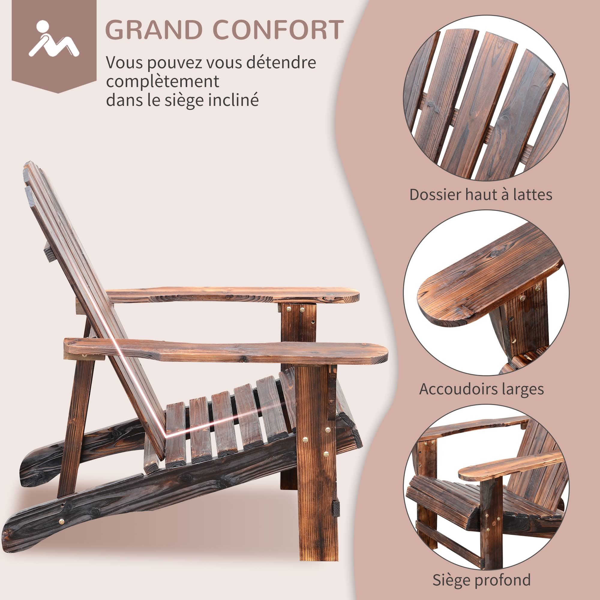 HOMCOM Fauteuil de Jardin Adirondack Chaise Longue Chaise Plage avec Tabouret Bois de Sapin