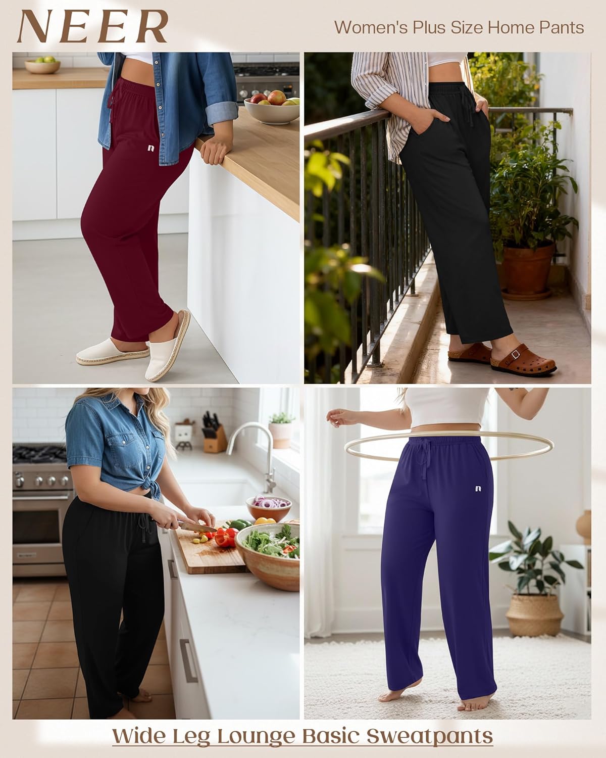 Neer 3 Pack Women's Plus Size Pants Wide Leg Sleep Yoga Pants Loose Drawstring Casual Baggy Sweatpants with Pockets - Image 4