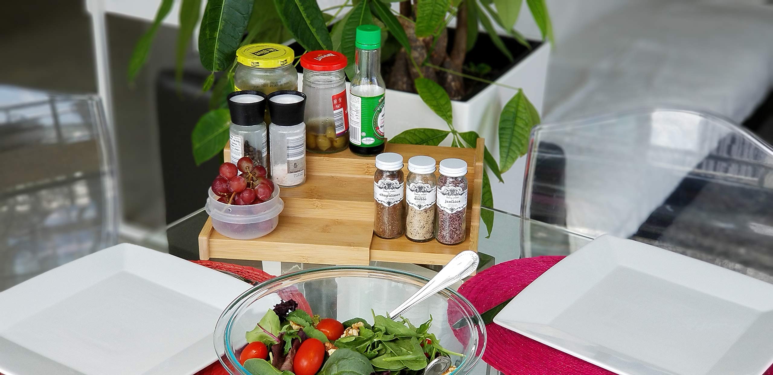 Lustiger Chef Bambusowy drewniany regał na przyprawy, wysuwany, pusty organizer do przechowywania przypraw, stojak na przyprawy na blat roboczy, stół, kuchnia, regulowany, 3 poziomy, regał na zioła