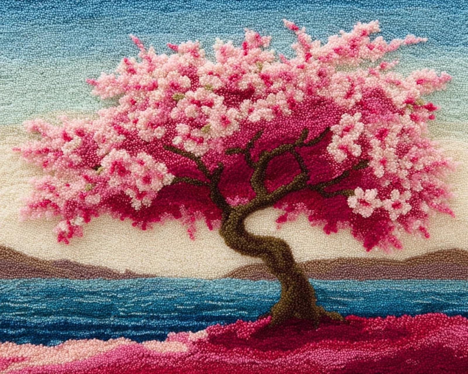 Wallphantom Latch Hook Rug Kits for Adult,Cherry Blossom Tree Landscape