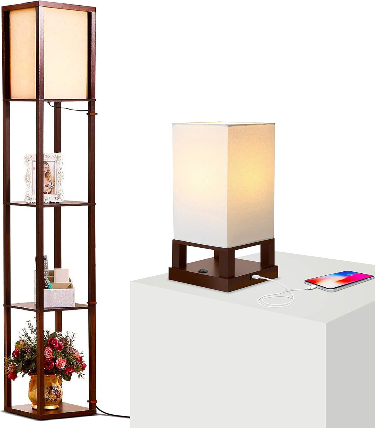 Brightech Maxwell Floor & Table Lamp Set of 2 - Modern Wooden Lamp Combo with USB Port - Perfect for Bedrooms & Living Rooms - LED Bulb, Soft Ambient Light, Brown Finish