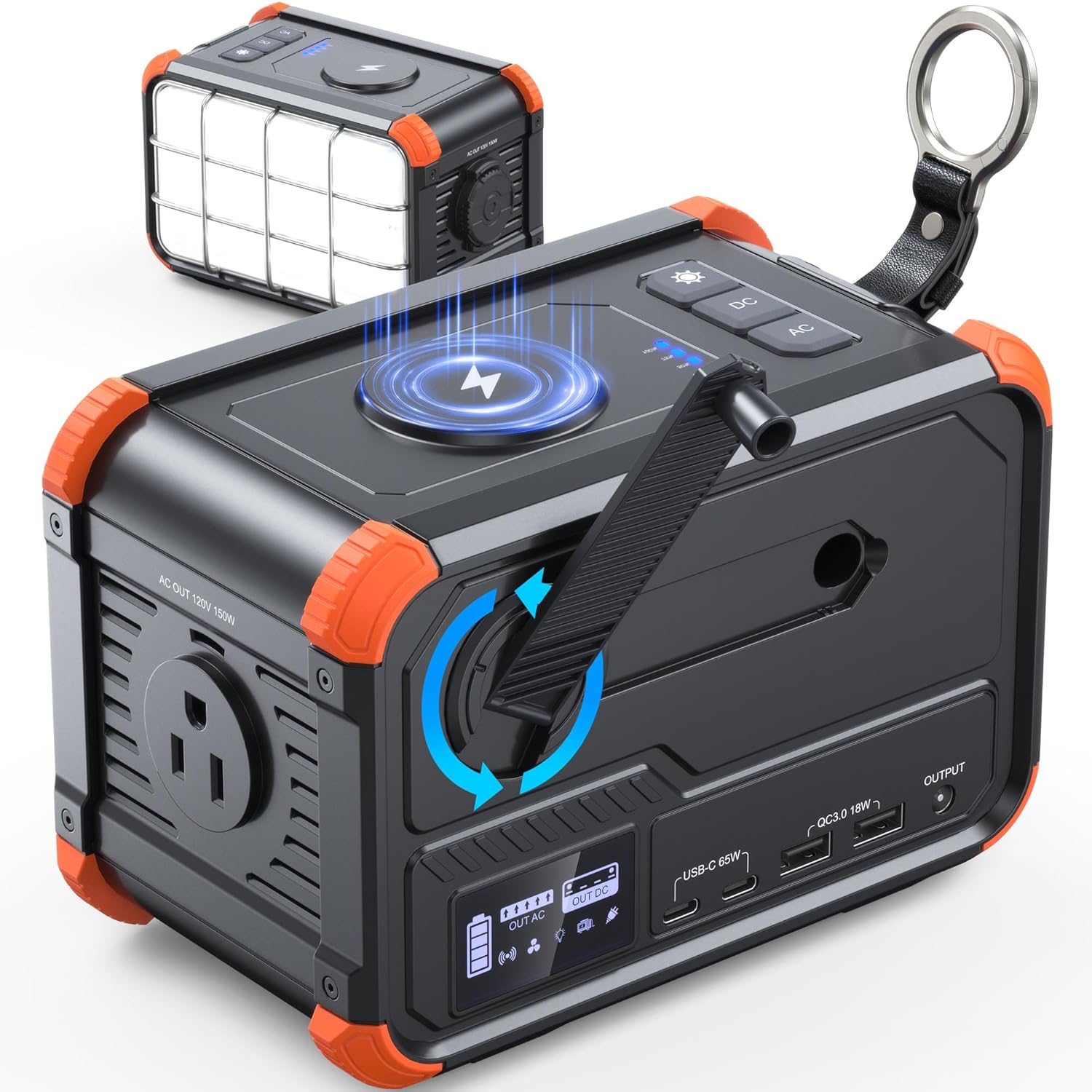 BROWEY Portable Power Station 153Wh Camping Small Solar Generator with Hand Crank 120V 150W AC Outlet Lithium Battery