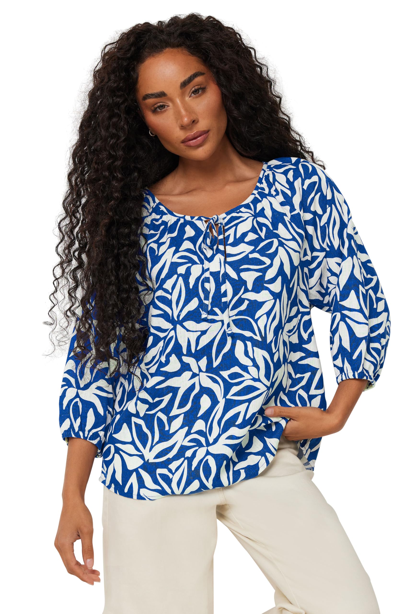 M&Co Petite Leaf Print Tie Neck Linen Blouse - Women's Blue