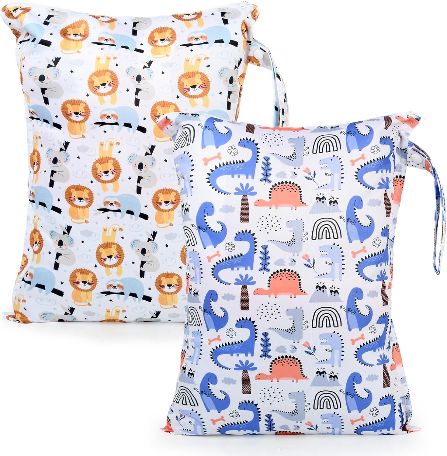 eaxin Mess-Proof Waterproof Wet Dry Bag,2 Pack Reusable Wet Bags for Swimsuits& Baby Clothes,Leakproof Wet Bag for Travel & Diaper Changes for Baby-Dinosaur,Lion