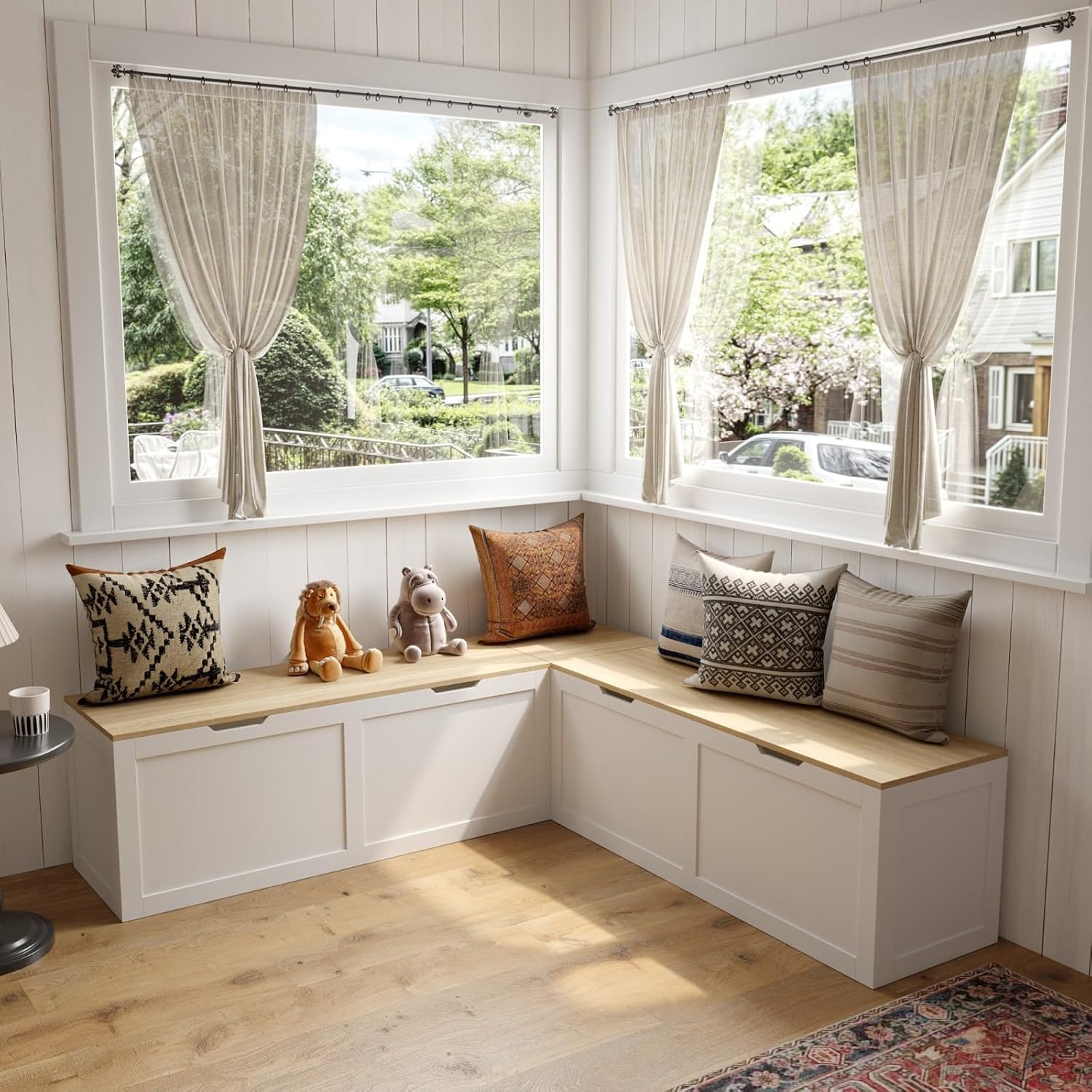 TAMUNE L-Shaped Breakfast Nook Bench with Lift-Top Hidden Storage, Space-Saving Corner Seating for Kitchen, White & Oak 63x63x17.7"