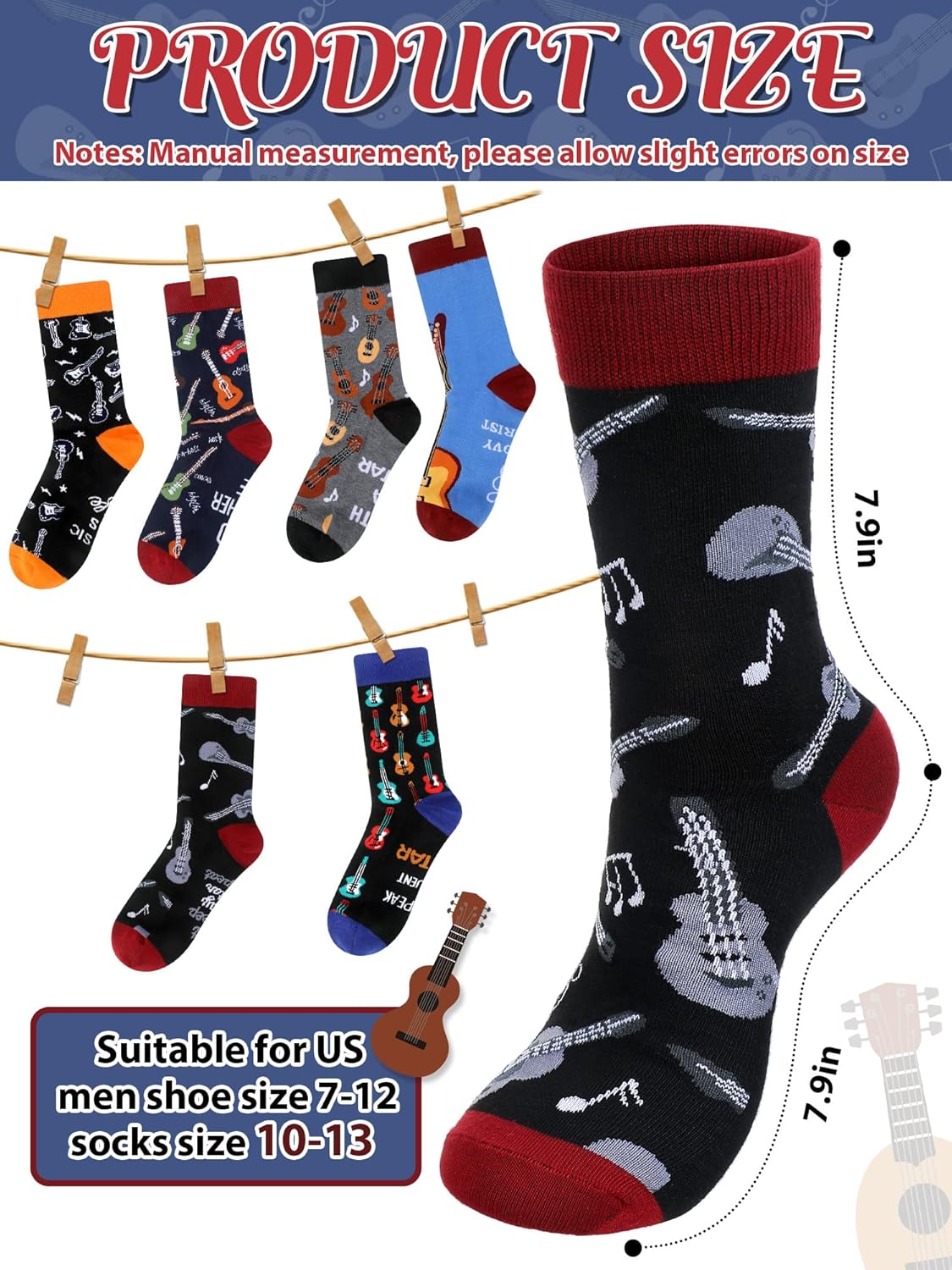 Haysandy 6 Pairs Men Music Socks Guitar Casual Dress Socks Instruments Crew Foot Cover Music Lover Gifts for Valentines - Image 5