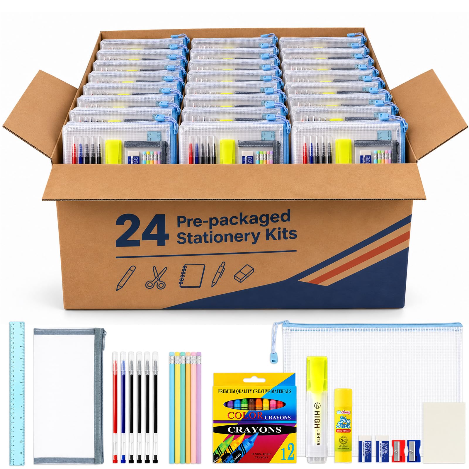 Confezione da 24 forniture per il ritorno a scuola, set di cancelleria da 24 pezzi con matite colorate, gomme per il primo giorno di scuola, kit di forniture essenziali per