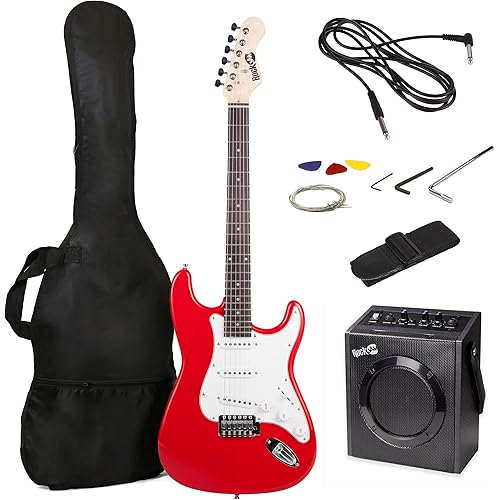 RockJam Electric Guitar Superkit with 10-watt Amp, Gig Bag, Picks & Online Lessons 6 String Pack, Right, Red, Full (RJEG03-SK-RD)