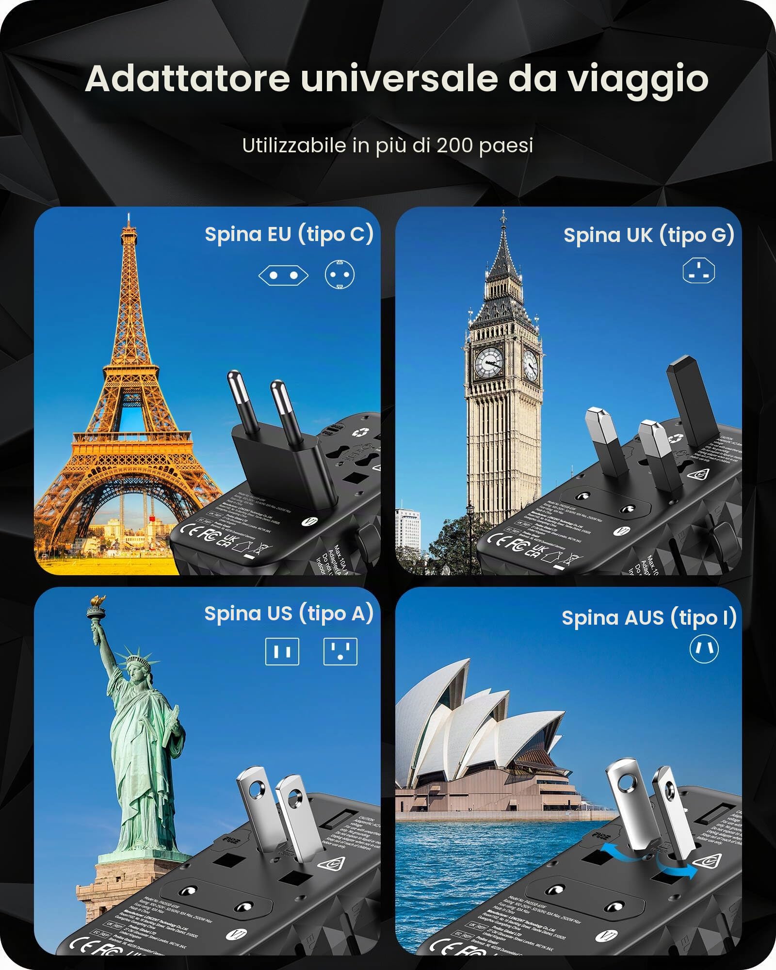 LENCENT 65W Adattatore Universale da Viaggio, Adattatore Presa con 2 USB-A | e 3 USB-C, Caricatore Alimentazione Rapida per Telefono Cellulare, Laptop, Spina Internazionale per UK, EU, AUS, USA -Bianco