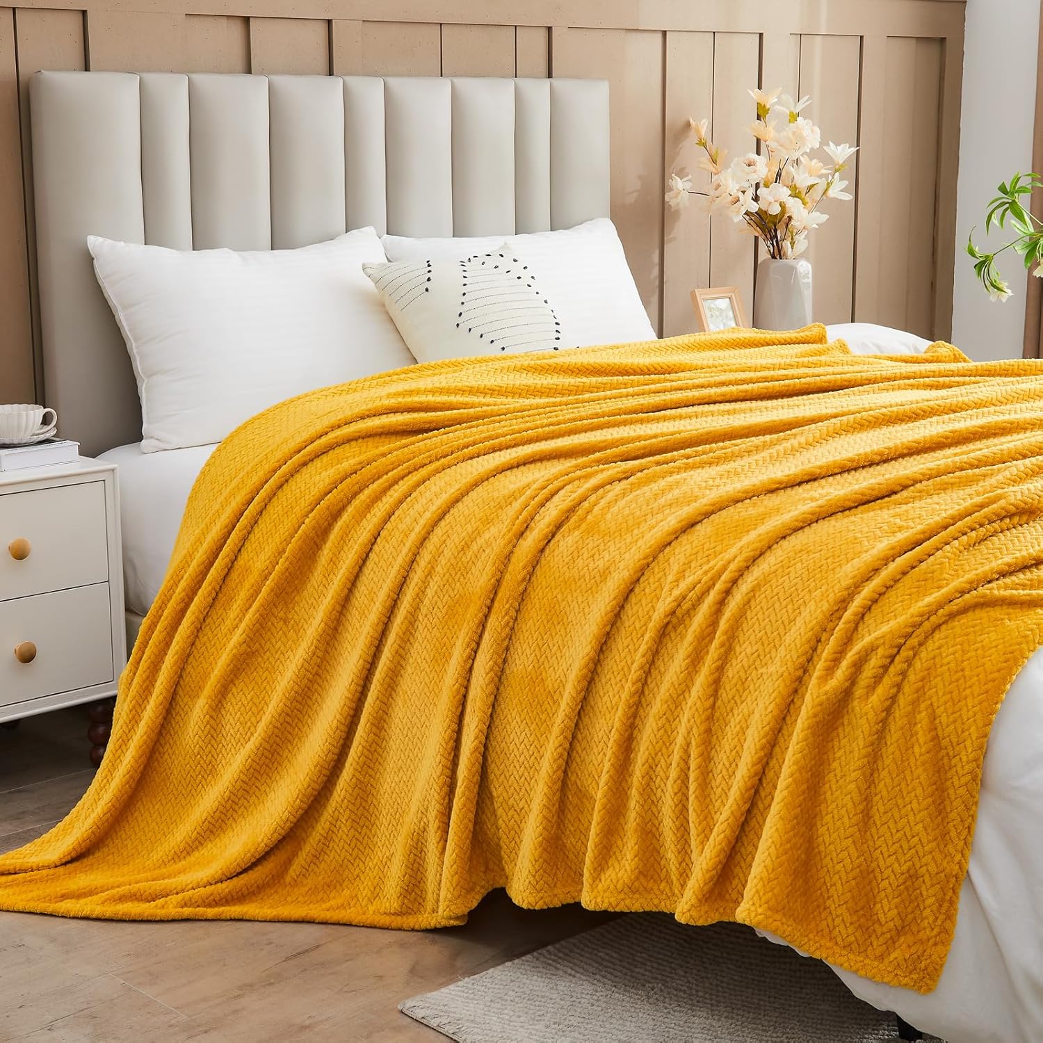 NEWCOSPLAY Super Soft Throw Blanket Mustard Yellow Premium Silky Flannel Fleece Leaves Pattern Lightweight Bed Blanket All Season Use (Mustard Yellow, Throw(50"x60")) - Image 8