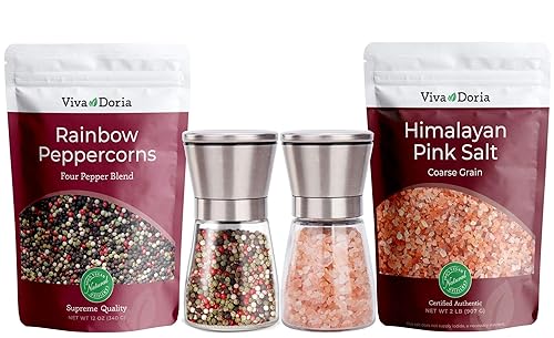 Viva Doria Mezcla de pimienta arcoíris (grano grueso negro, blanco, verde y rosa) 12 onzas y sal rosa del Himalaya (grano grueso) 2 libras + juego